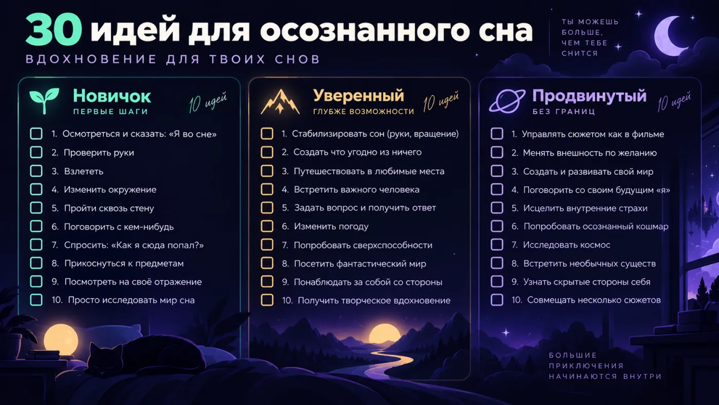 Чеклист из 30 идей для осознанного сна по трём уровням