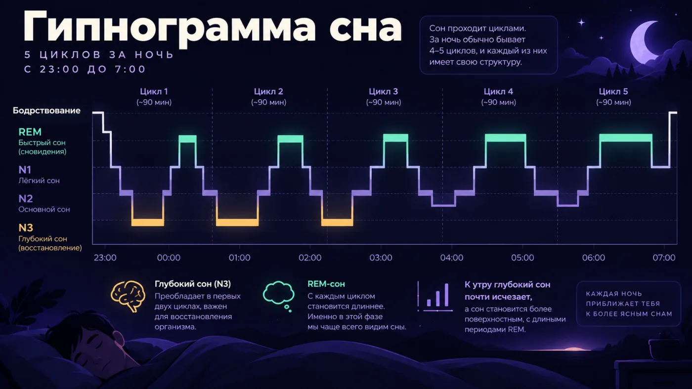 Гипнограмма: пять циклов сна за ночь, REM удлиняется к утру